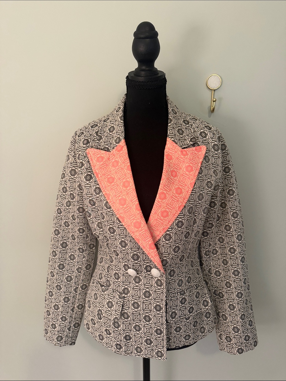 Womens Black & Coral Patterned Blazer with Contrasting Lapels